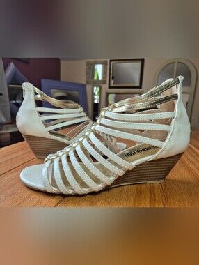 Cosmopolitan White & Gold Strappy Wedge Heels - Size 7.5